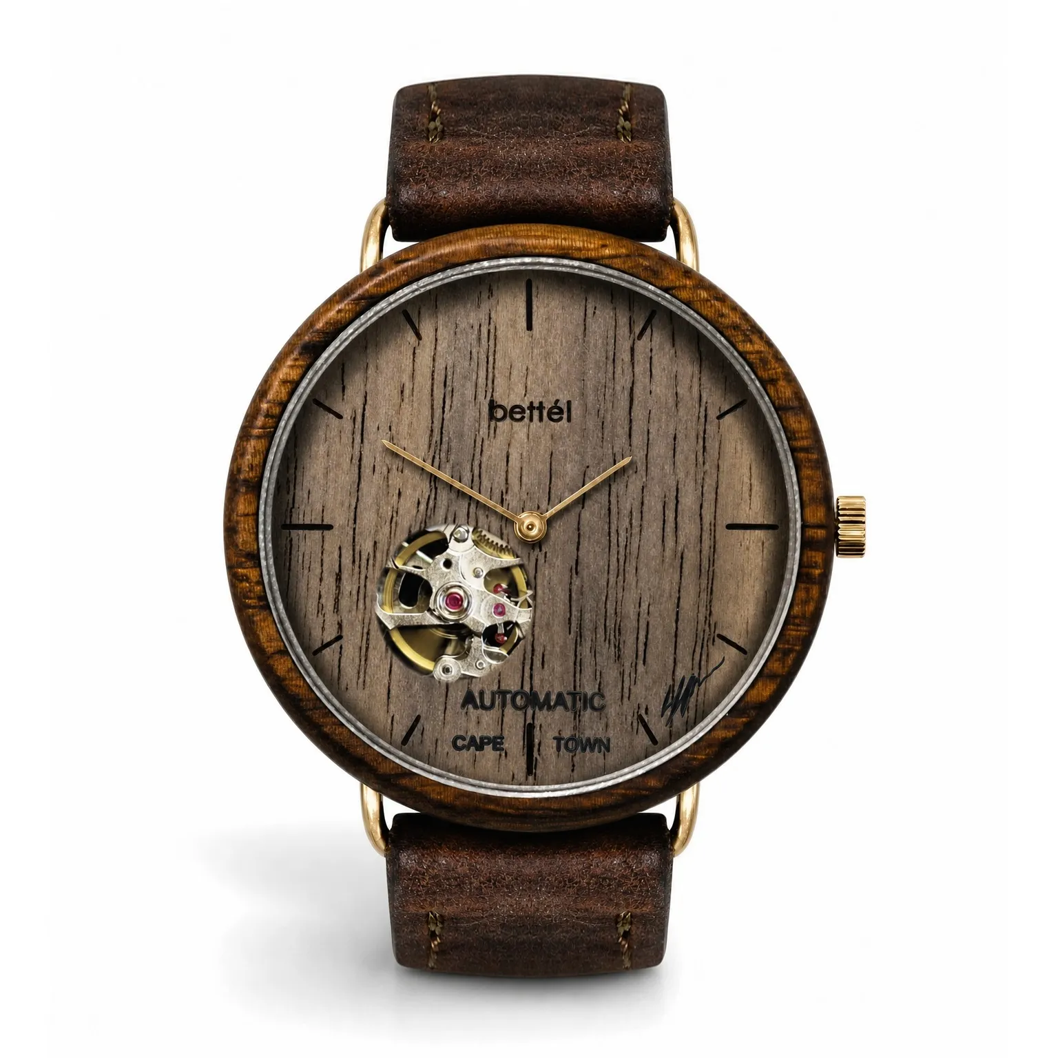 The Automatic 40mm Walnut, gold metal, brown strap — handmade wooden watch by Bettél
