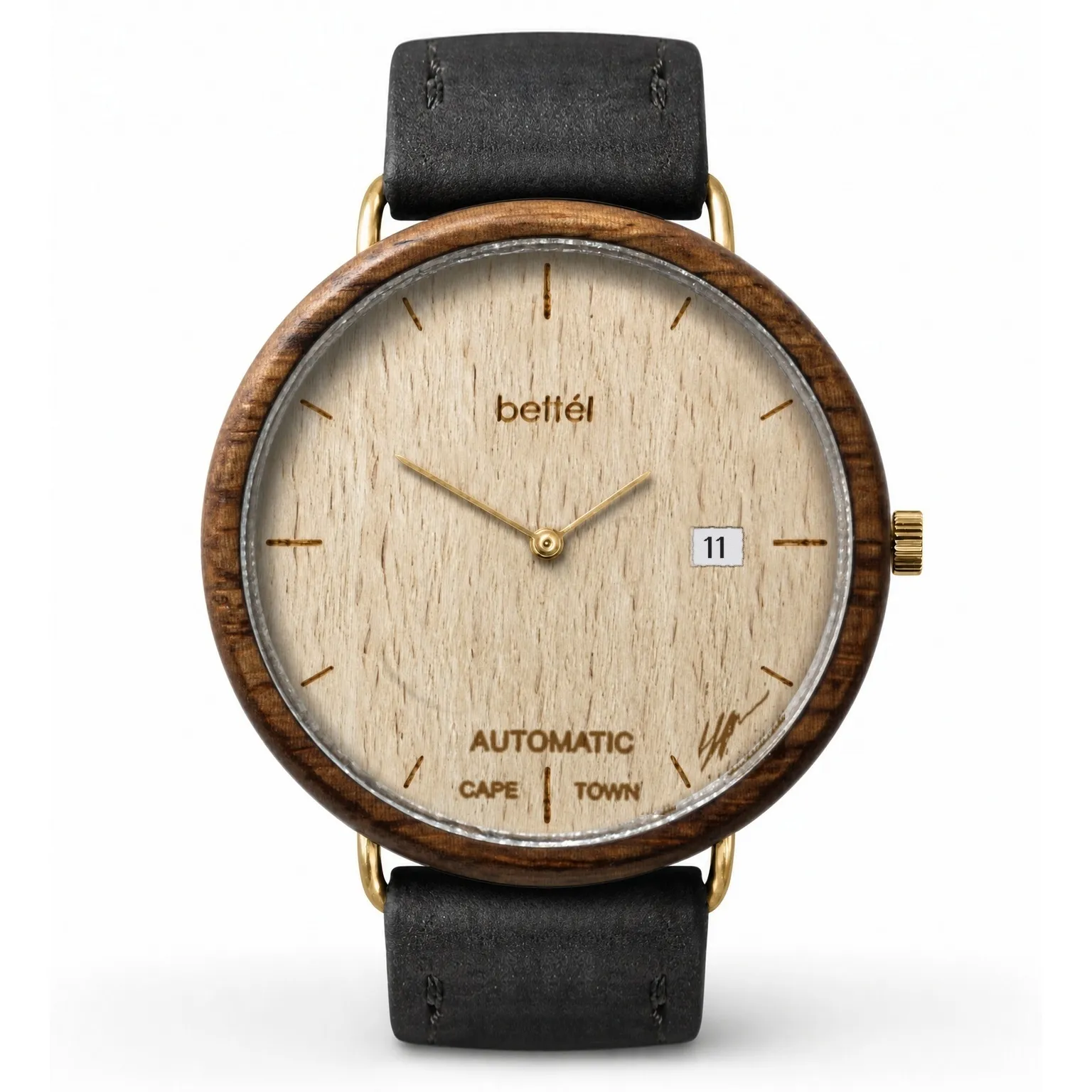 The Automatic 40mm Date Beech, gold metal, black strap — handmade wooden watch by Bettél