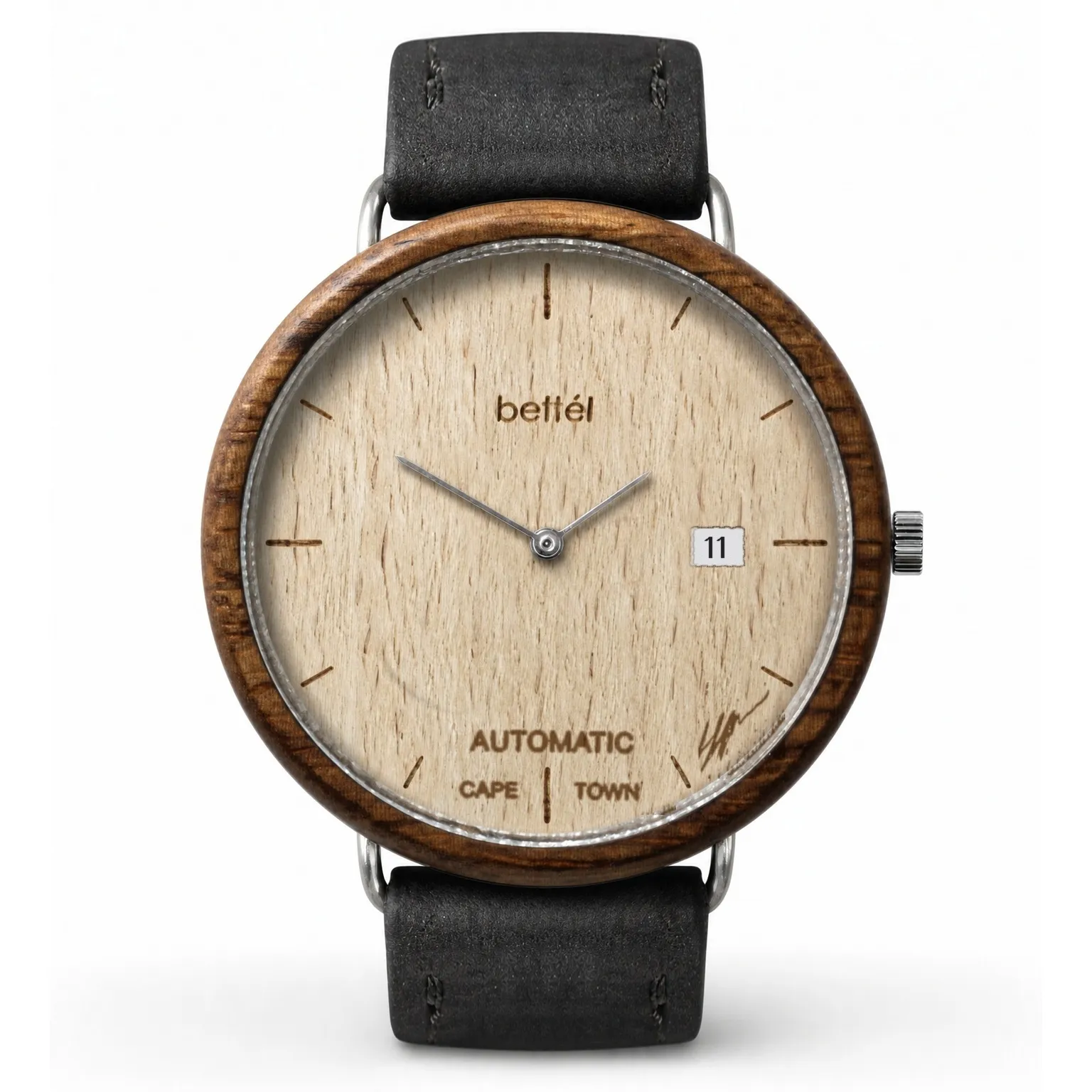 The Automatic 40mm Date Beech — 40 mm · Automatic date · White beech · Black strap — handmade by Bettél in Cape Town