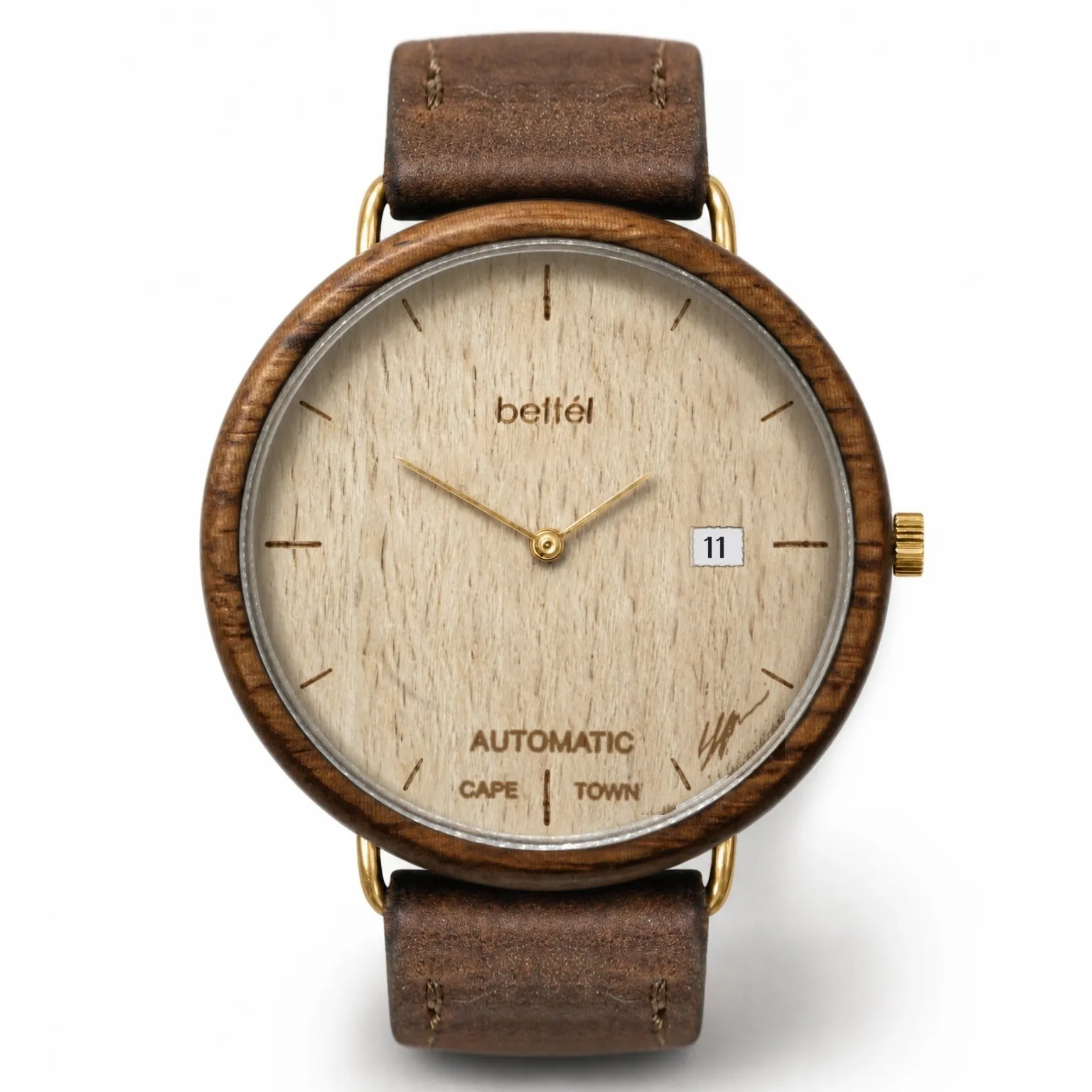 The Automatic 40mm Date Beech, gold metal, brown strap — handmade wooden watch by Bettél