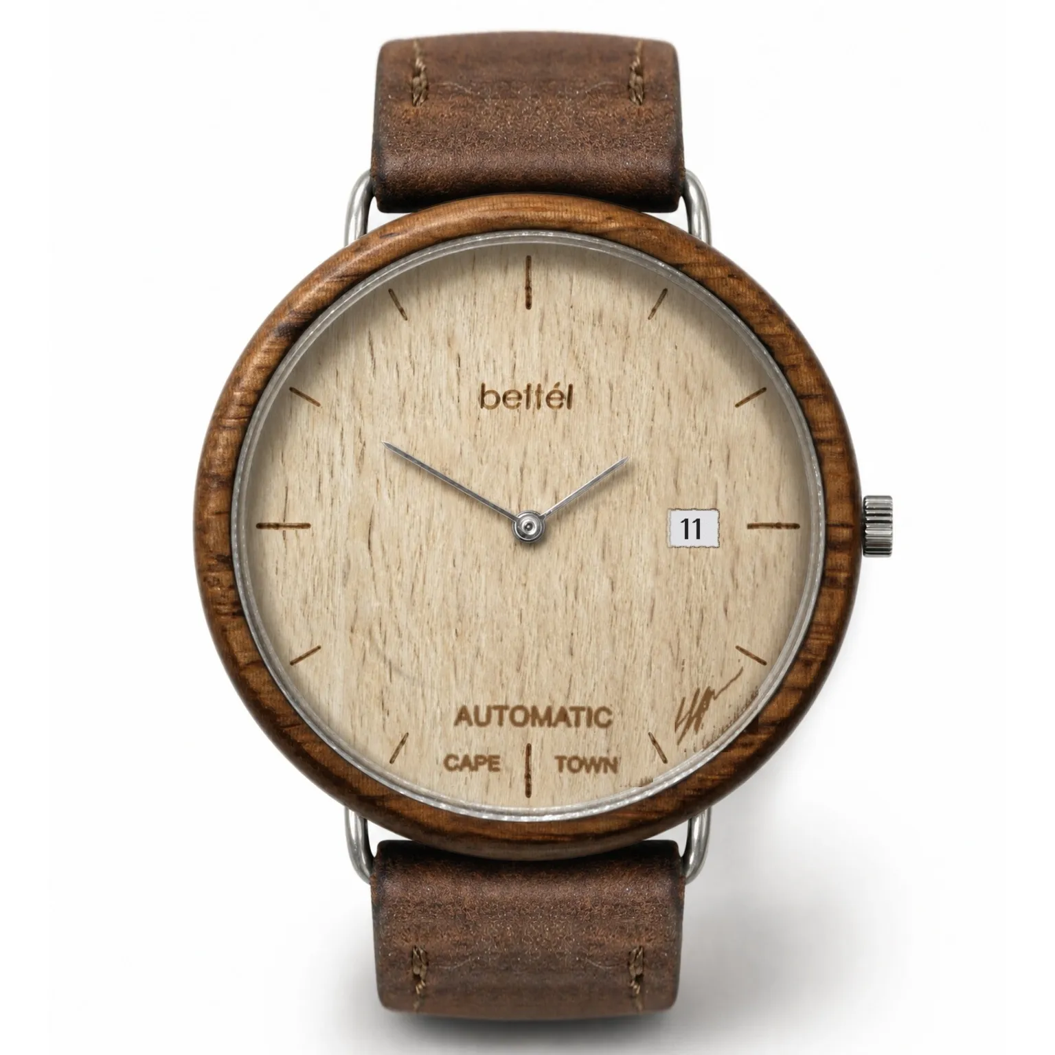 The Automatic 40mm Date Beech, silver metal, brown strap — handmade wooden watch by Bettél