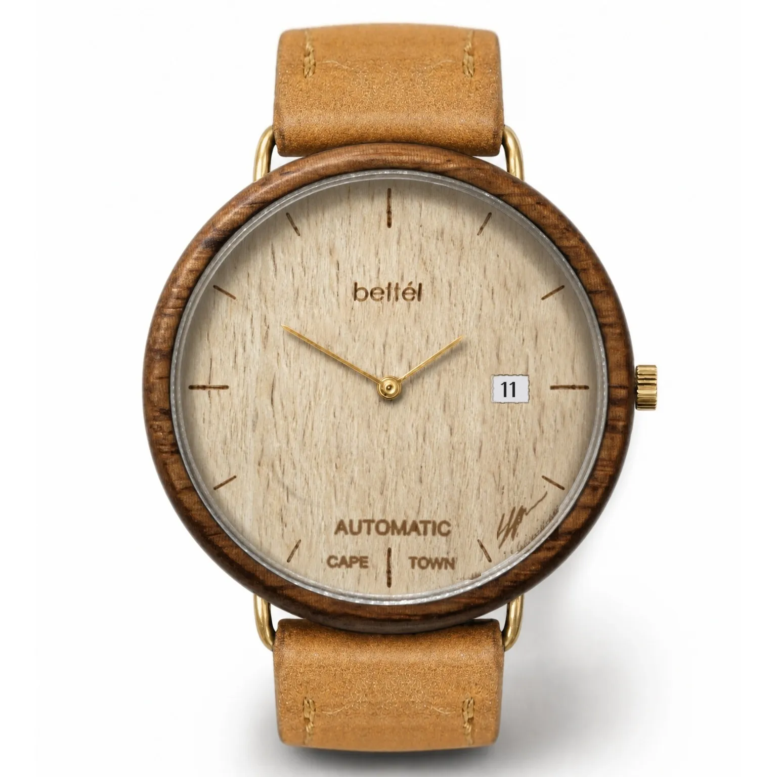 The Automatic 40mm Date Beech, gold metal, tan strap — handmade wooden watch by Bettél
