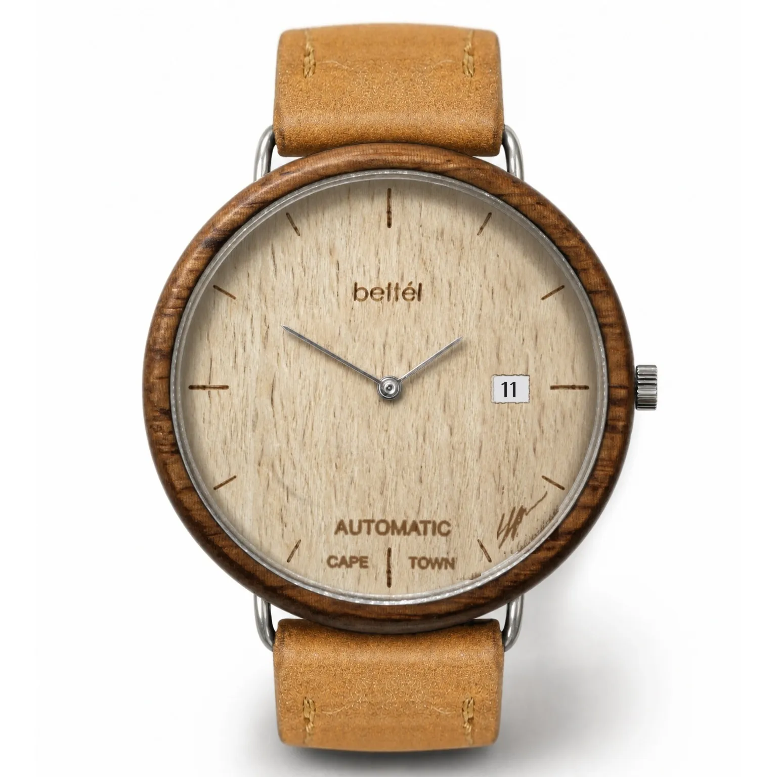 The Automatic 40mm Date Beech, silver metal, tan strap — handmade wooden watch by Bettél