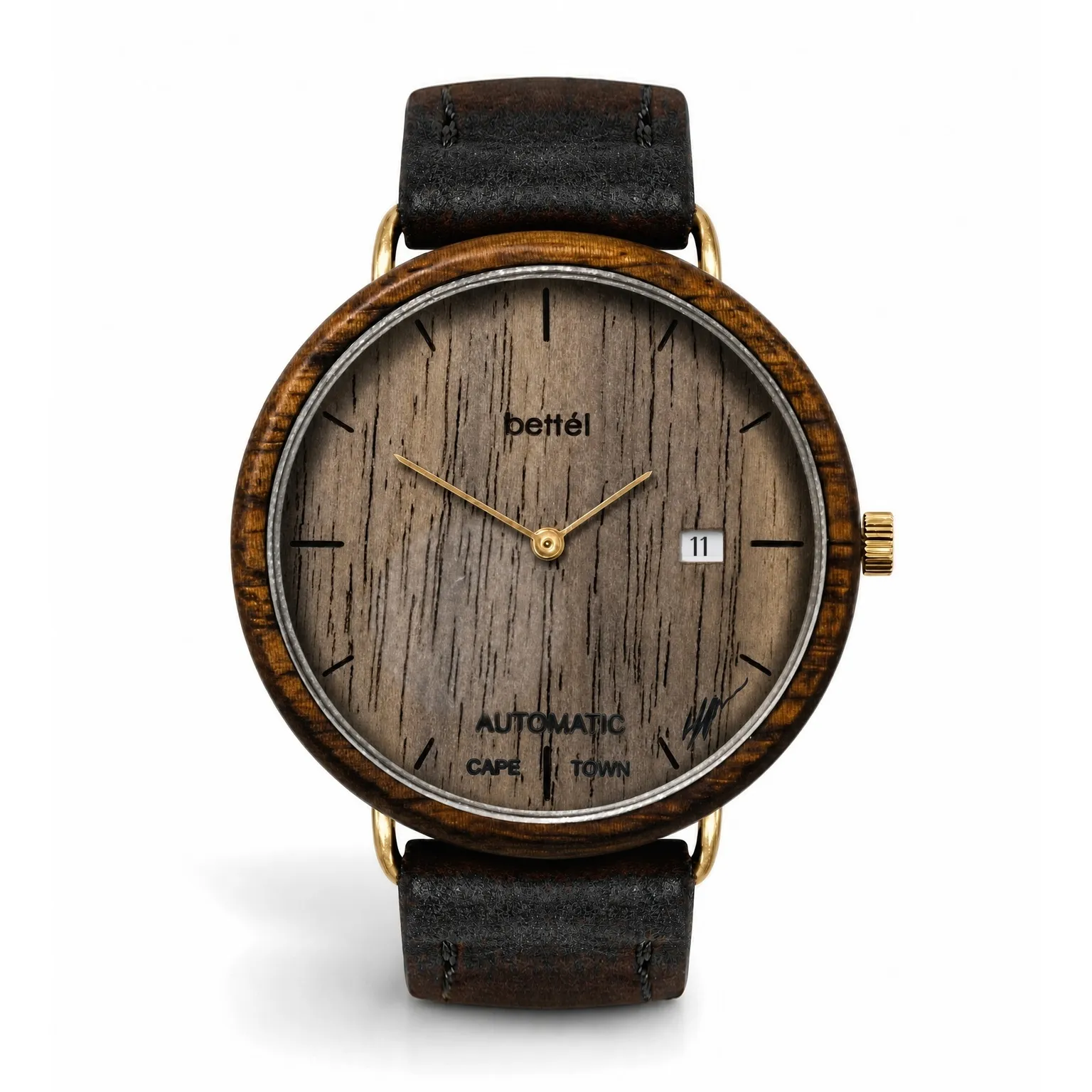 The Automatic 40mm Date, gold metal, black strap — handmade wooden watch by Bettél