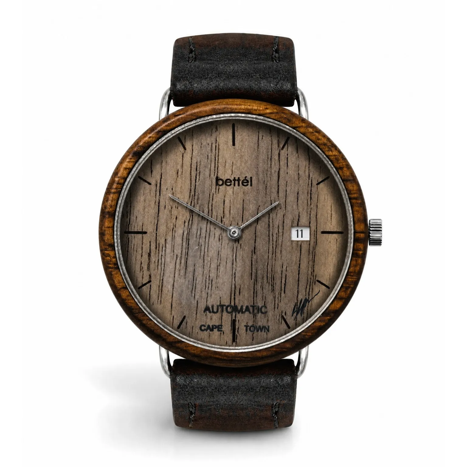 The Automatic 40mm Date, silver metal, black strap — handmade wooden watch by Bettél