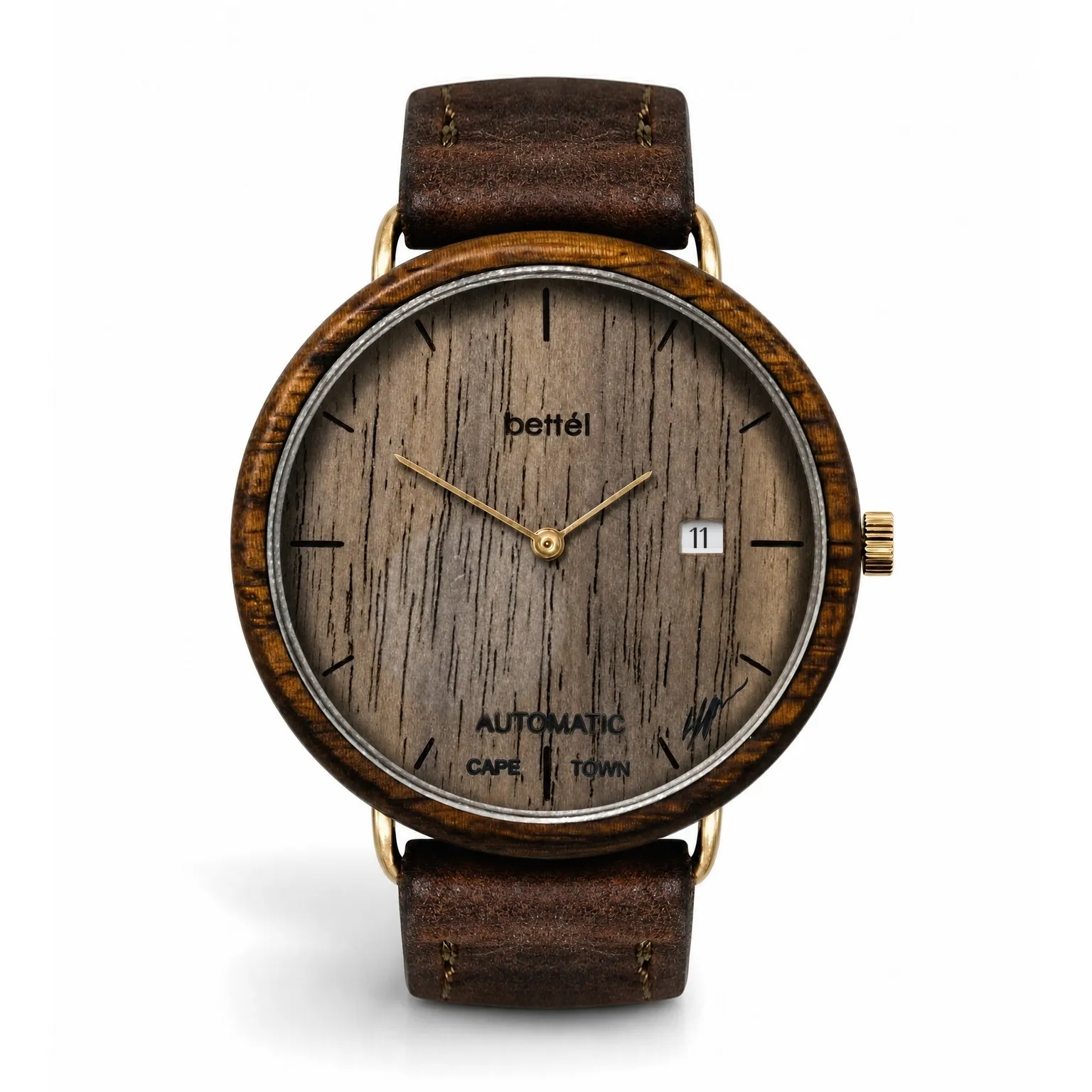 The Automatic 40mm Date, gold metal, brown strap — handmade wooden watch by Bettél