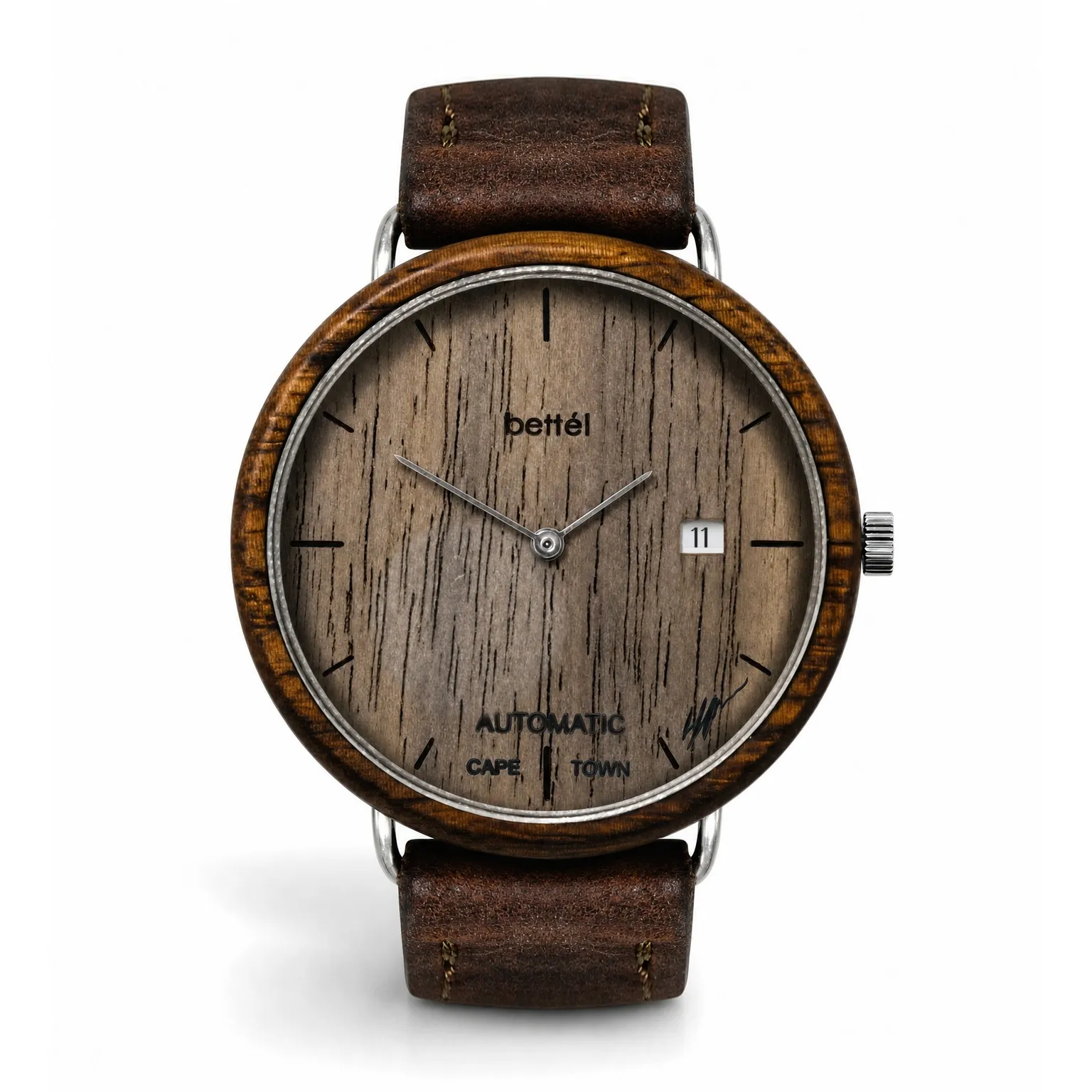 The Automatic 40mm Date, silver metal, brown strap — handmade wooden watch by Bettél