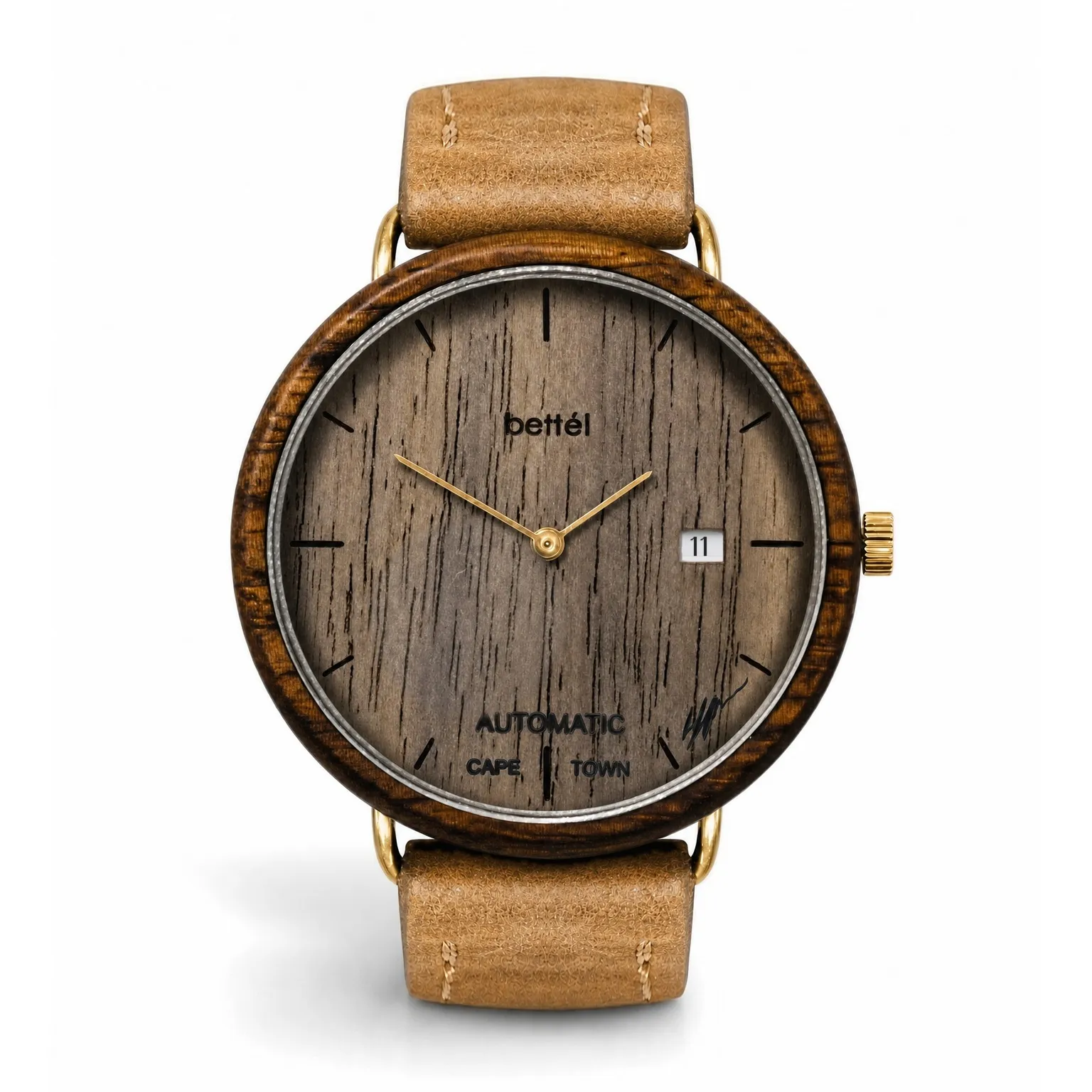 The Automatic 40mm Date, gold metal, tan strap — handmade wooden watch by Bettél