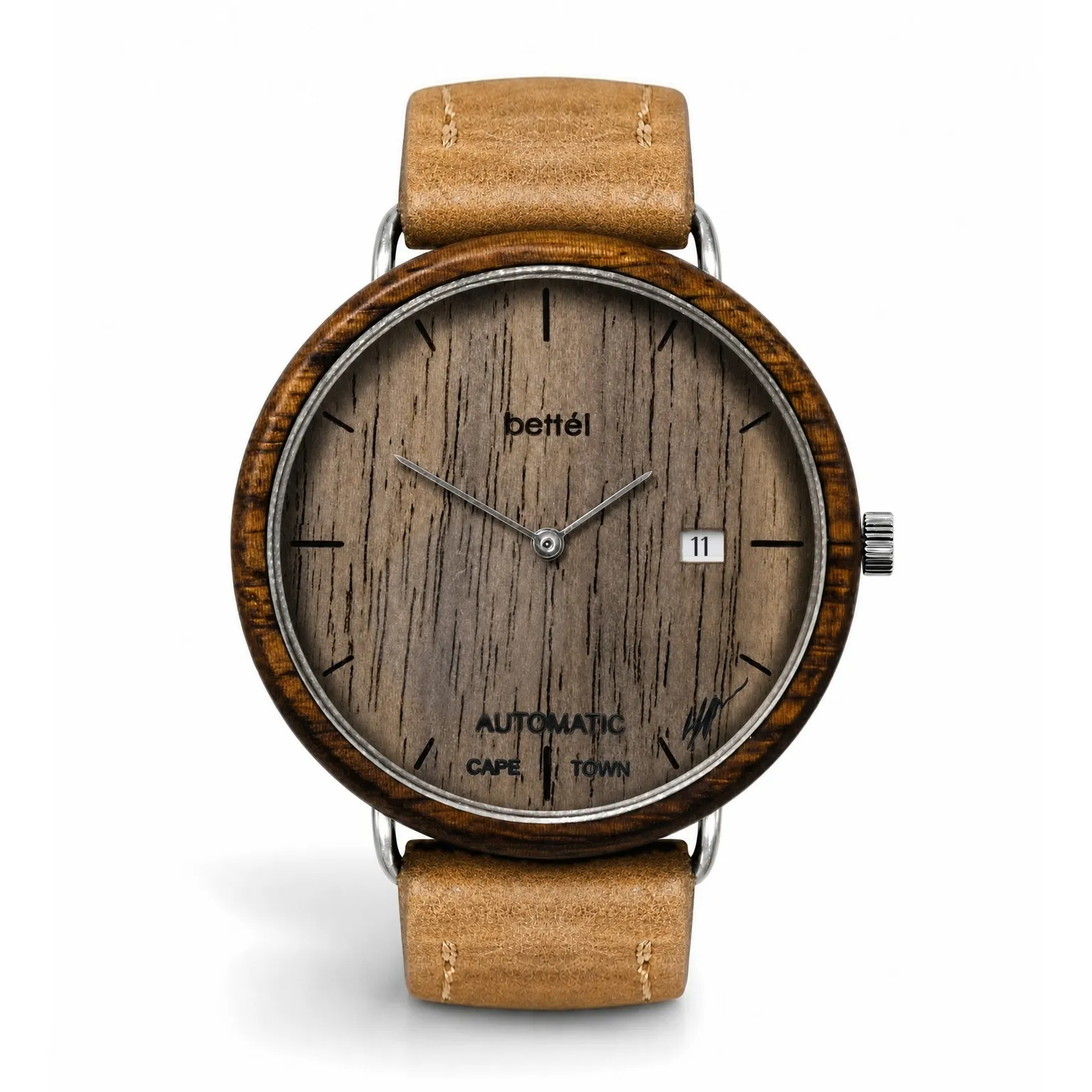 The Automatic 40mm Date, silver metal, tan strap — handmade wooden watch by Bettél