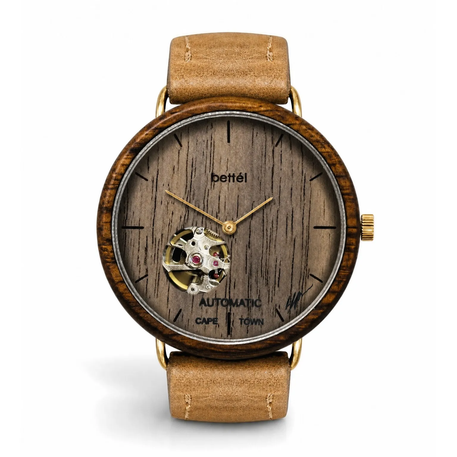 The Automatic 40mm Walnut, gold metal, tan strap — handmade wooden watch by Bettél