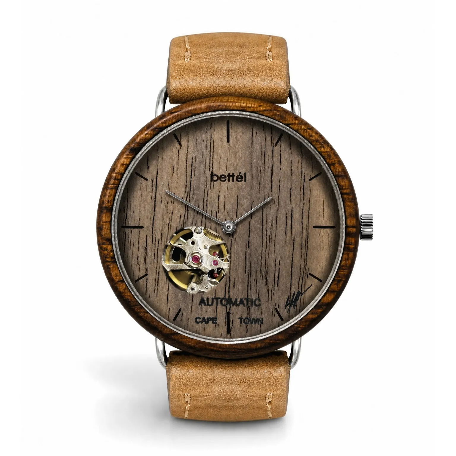 The Automatic 40mm Walnut, silver metal, tan strap — handmade wooden watch by Bettél