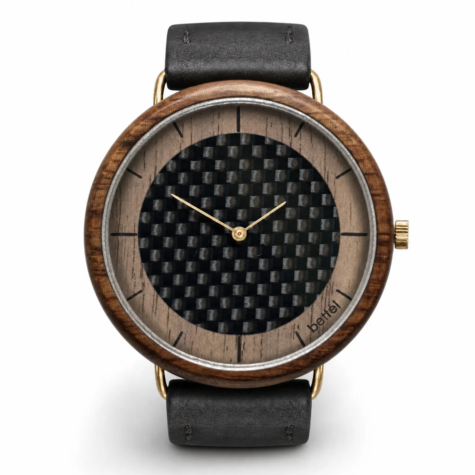 The Carbon Portal 40mm, gold metal, black strap — handmade wooden watch by Bettél