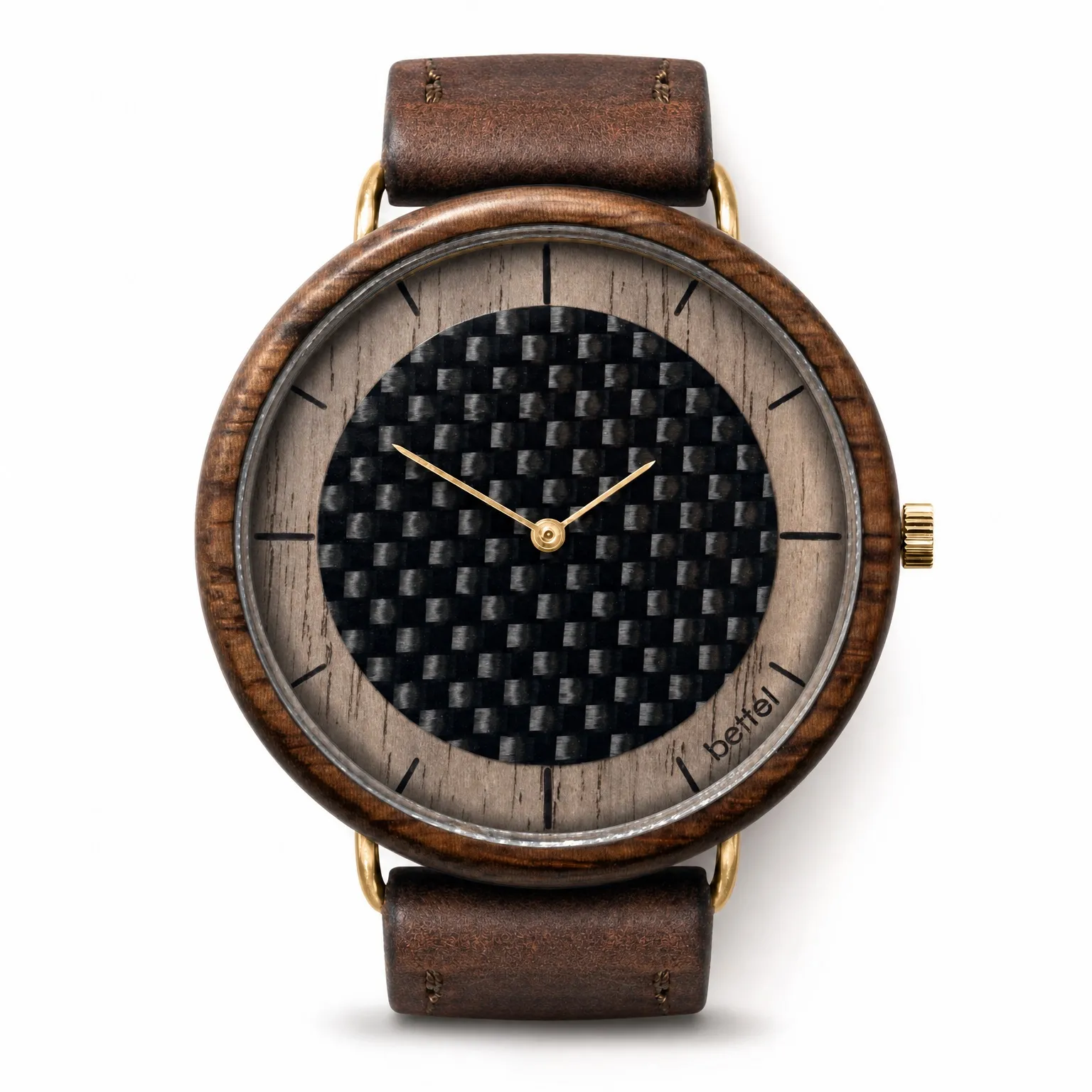 The Carbon Portal 40mm, gold metal, brown strap — handmade wooden watch by Bettél