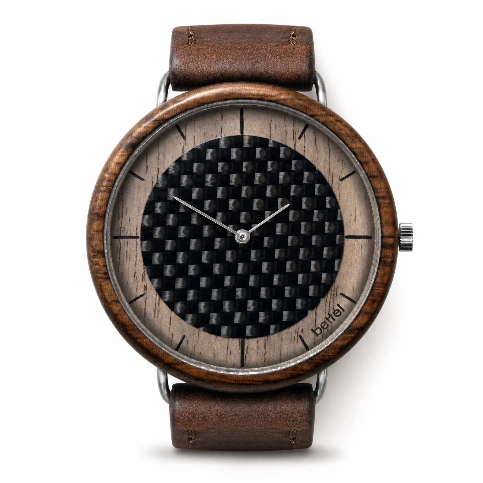 The Carbon Portal 40mm, silver metal, brown strap — handmade wooden watch by Bettél
