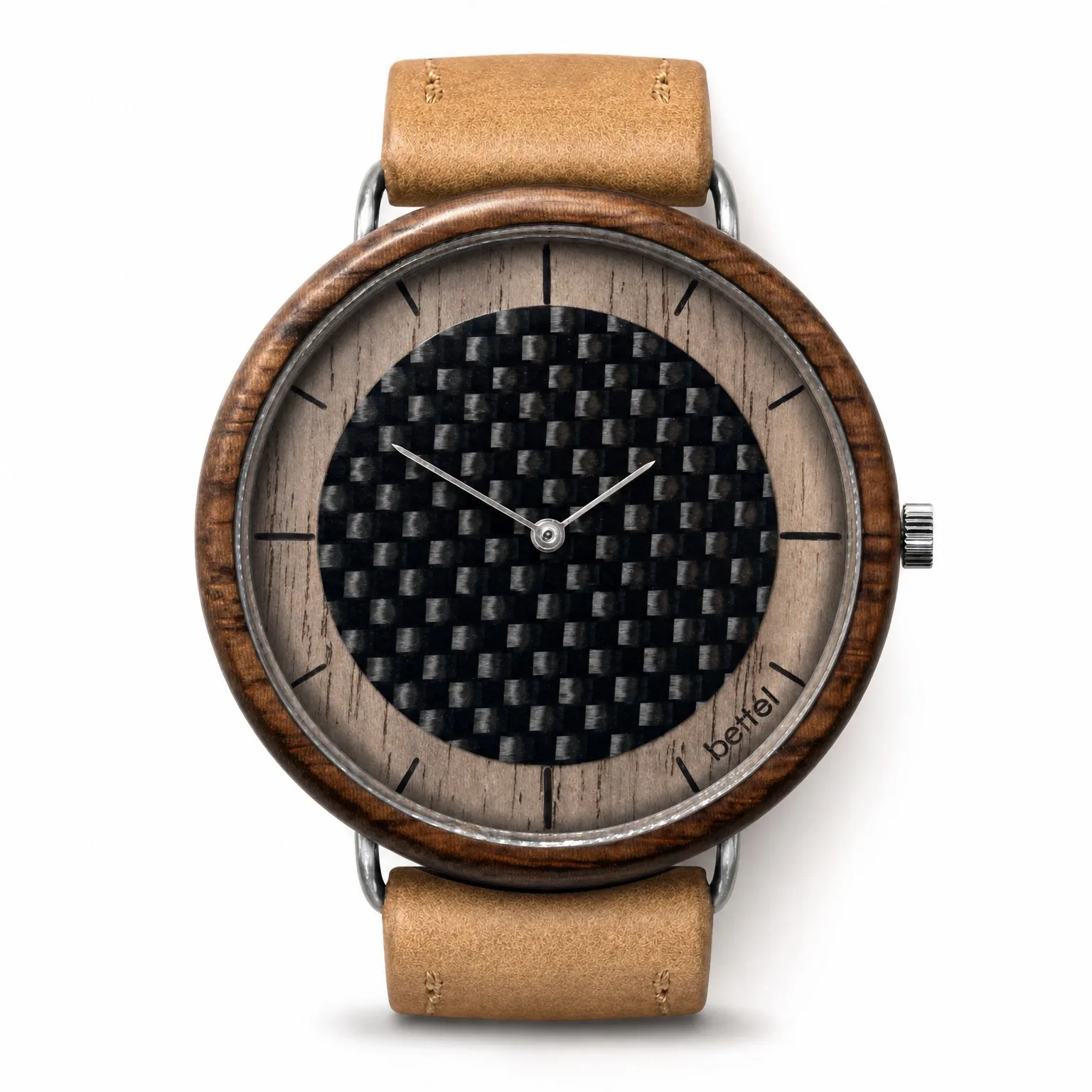 The Carbon Portal 40mm, silver metal, tan strap — handmade wooden watch by Bettél