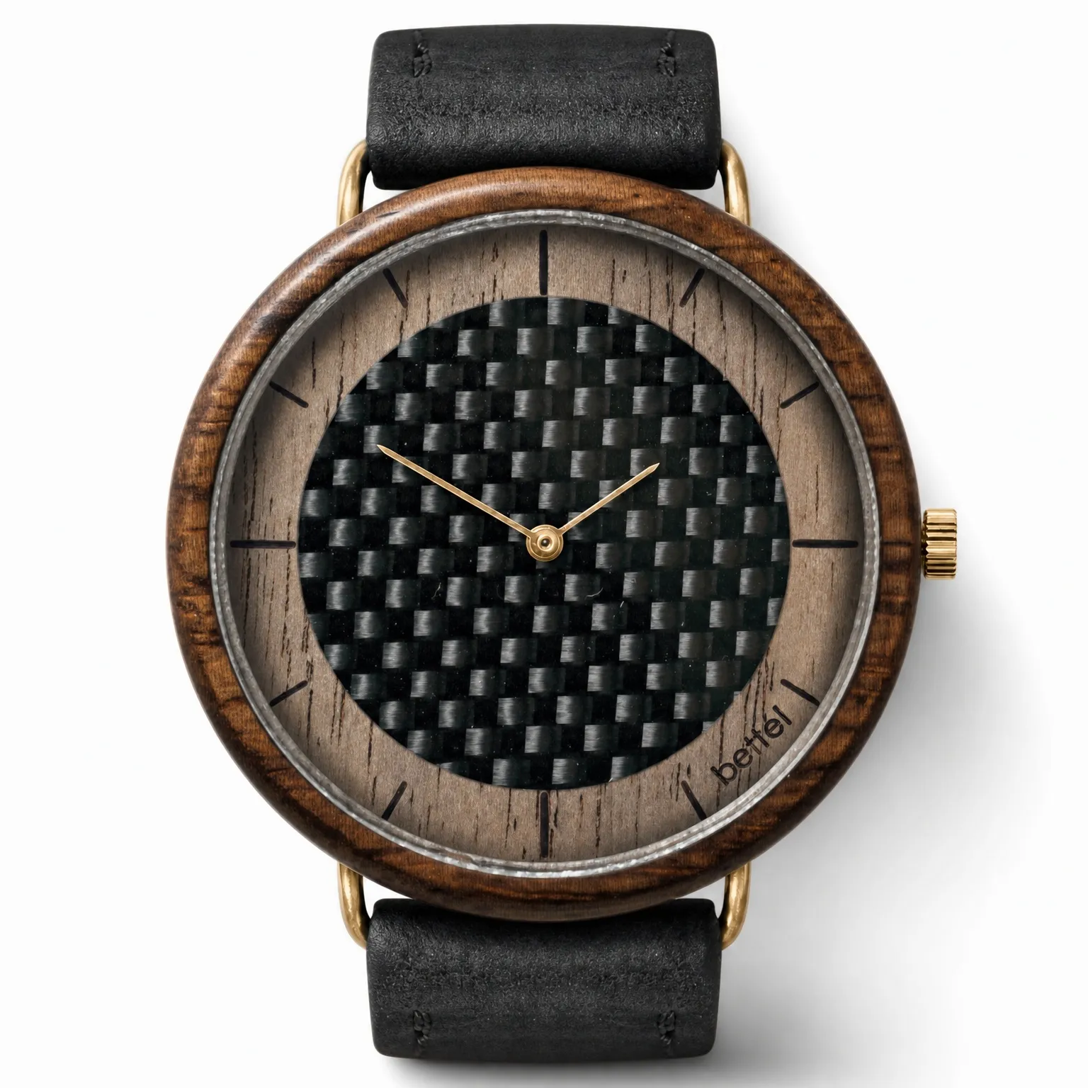 The Carbon Portal 44mm, gold metal, black strap — handmade wooden watch by Bettél