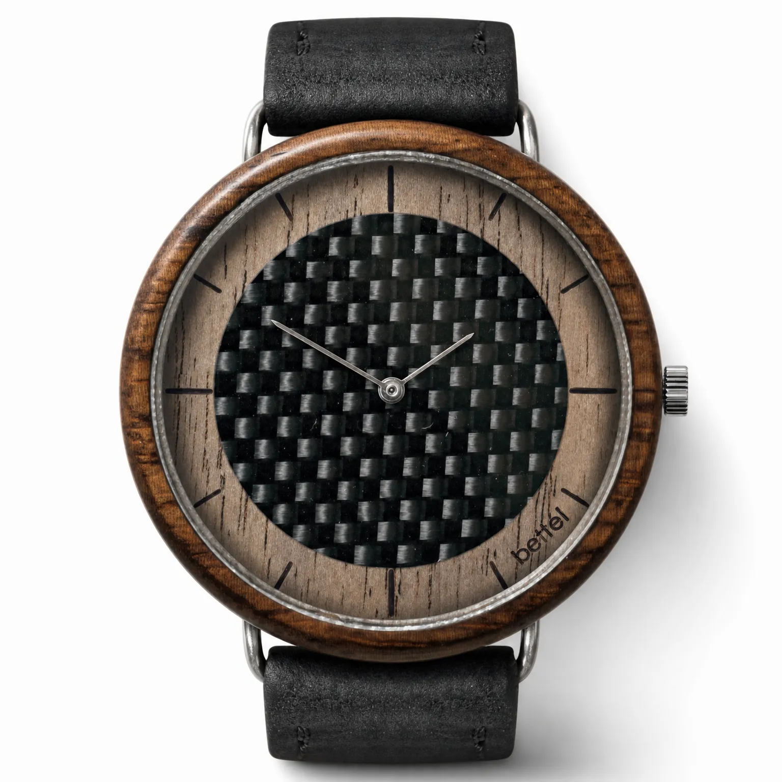 The Carbon Portal 44mm — 44 mm · Carbon fibre dial · Black strap — handmade by Bettél in Cape Town