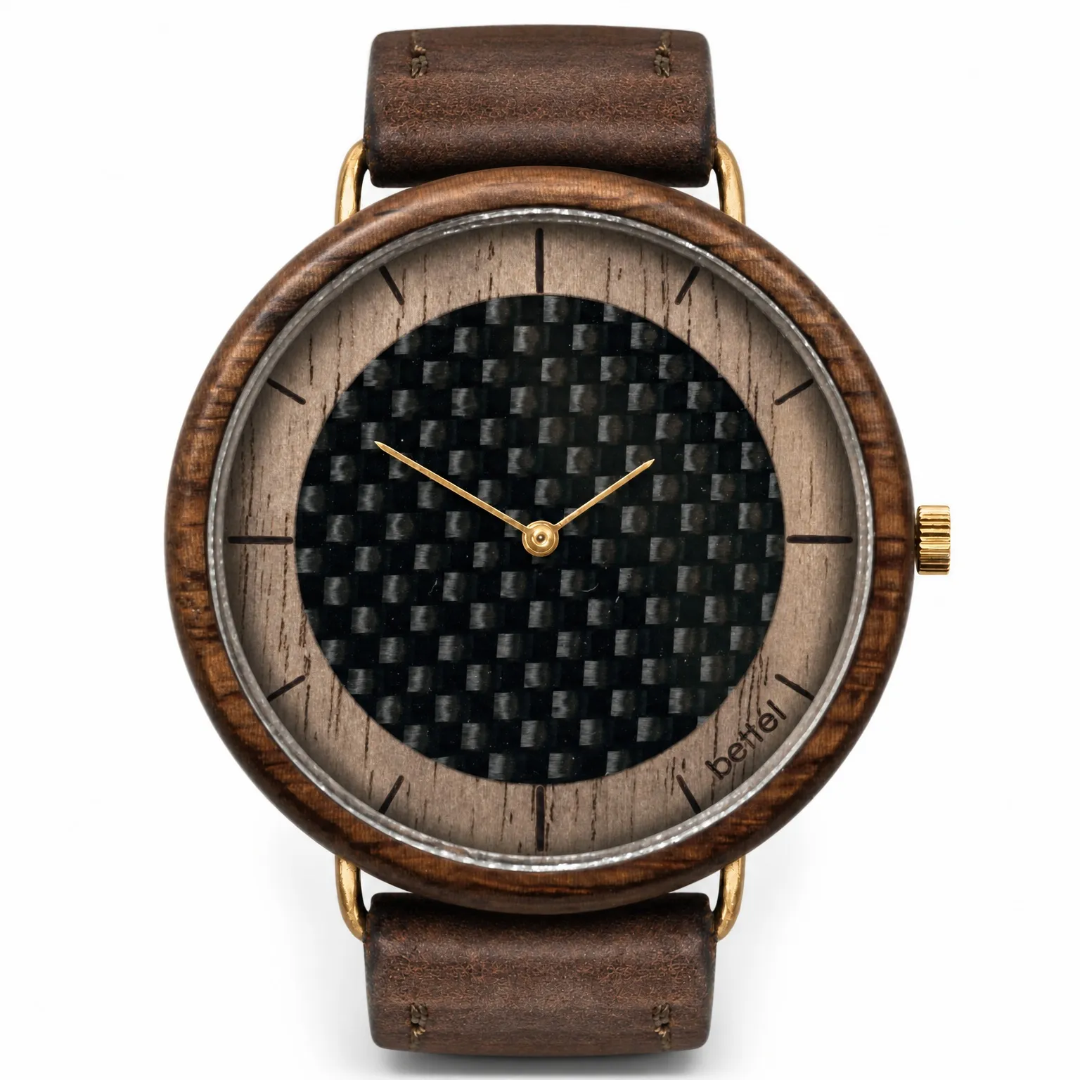 The Carbon Portal 44mm, gold metal, brown strap — handmade wooden watch by Bettél