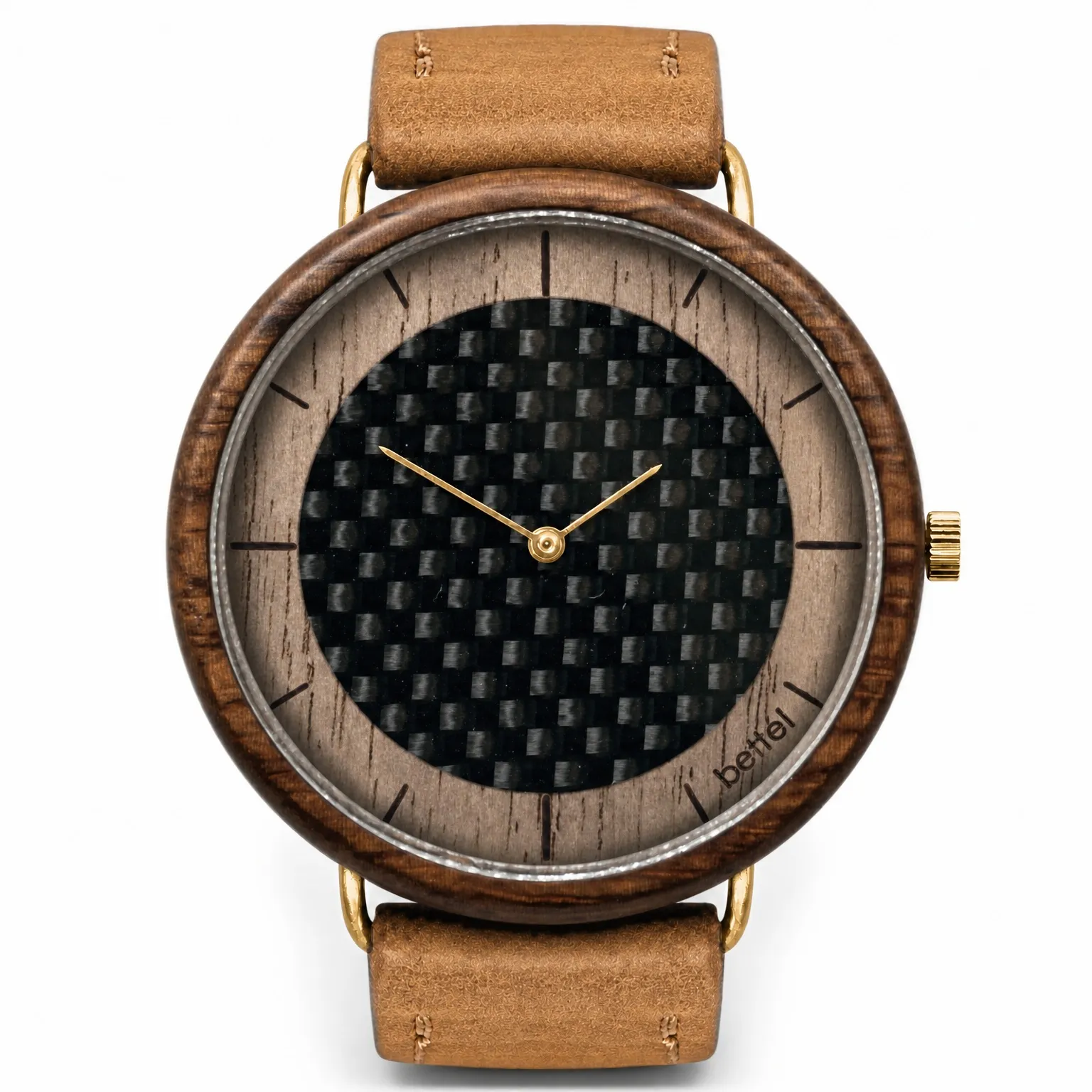 The Carbon Portal 44mm, gold metal, tan strap — handmade wooden watch by Bettél