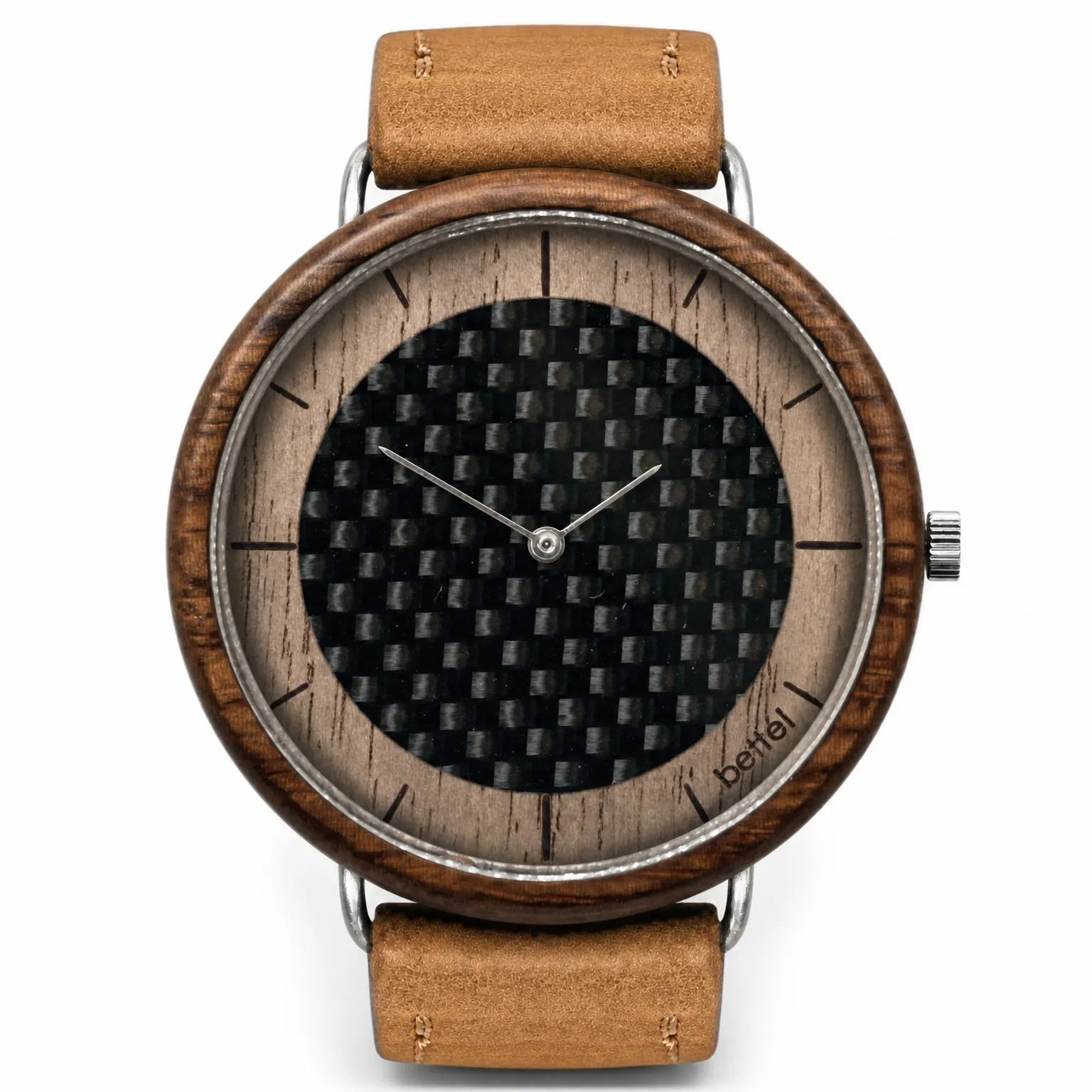 The Carbon Portal 44mm, silver metal, tan strap — handmade wooden watch by Bettél