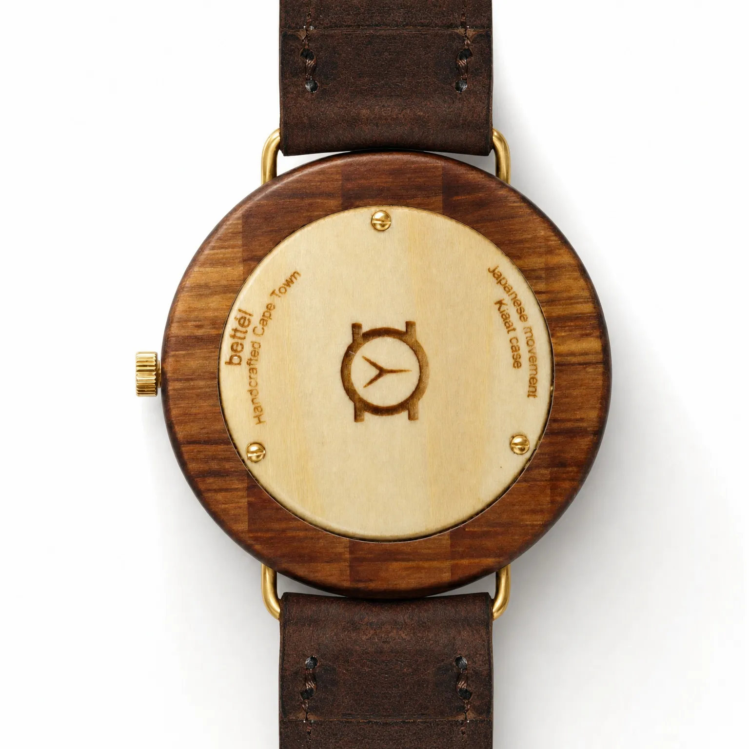 Albatross Walnut — handmade wooden watch by Bettél, gold metal, view 4 of 6