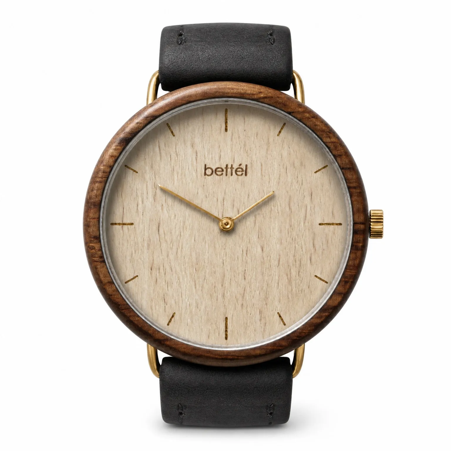 Favourite Beech, gold metal, black strap — handmade wooden watch by Bettél
