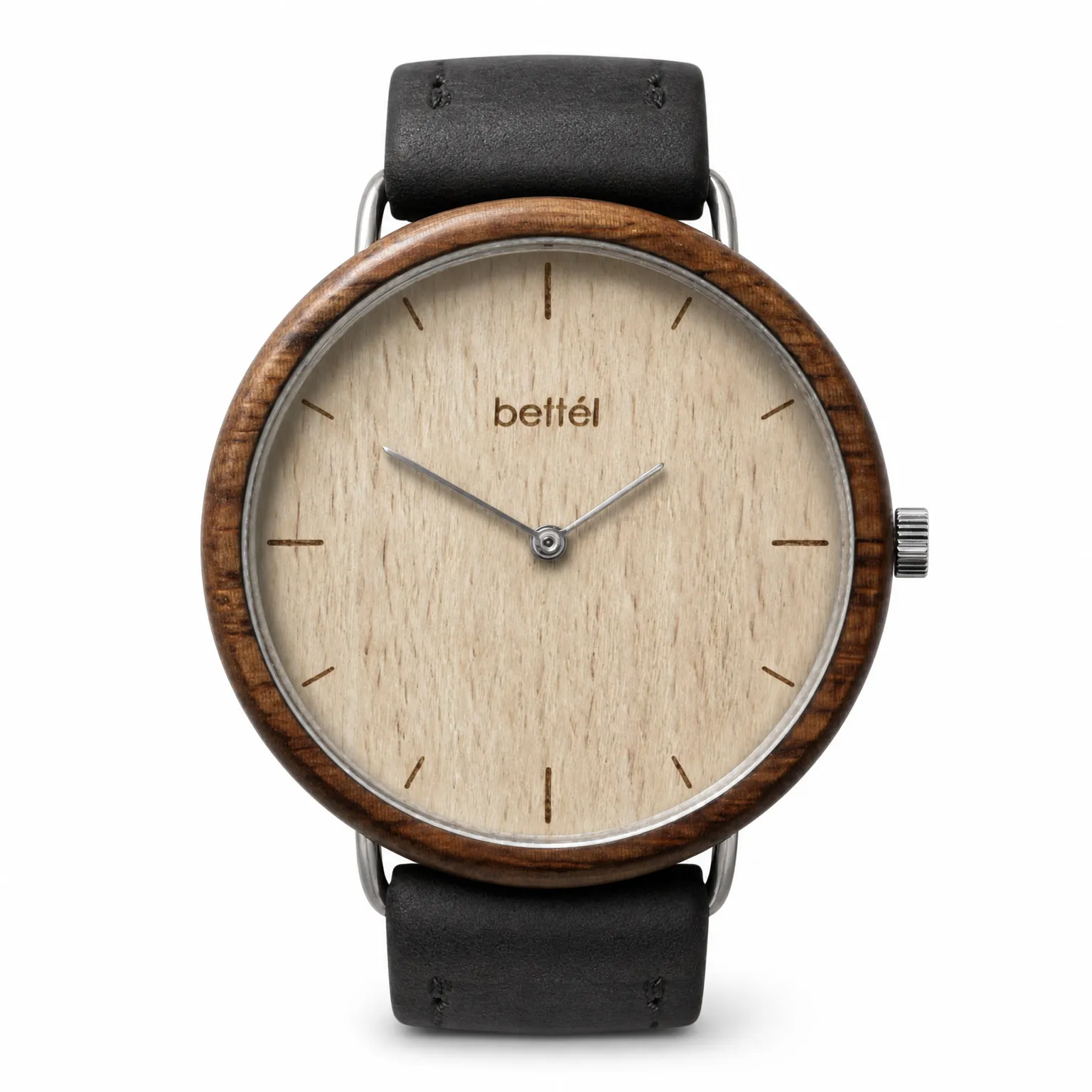Favourite Beech, silver metal, black strap — handmade wooden watch by Bettél