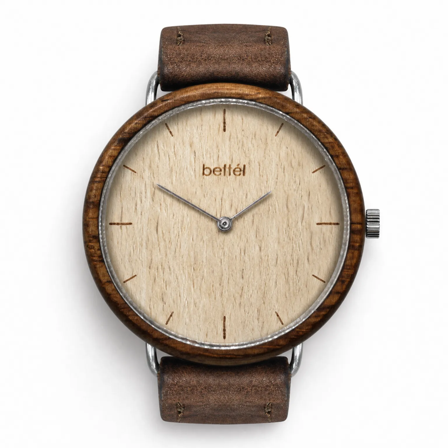 Favourite Beech, silver metal, brown strap — handmade wooden watch by Bettél