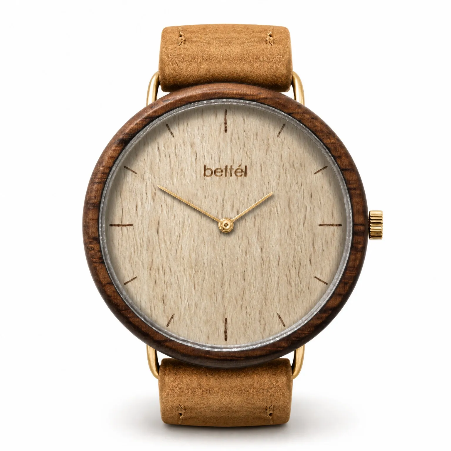 Favourite Beech, gold metal, tan strap — handmade wooden watch by Bettél