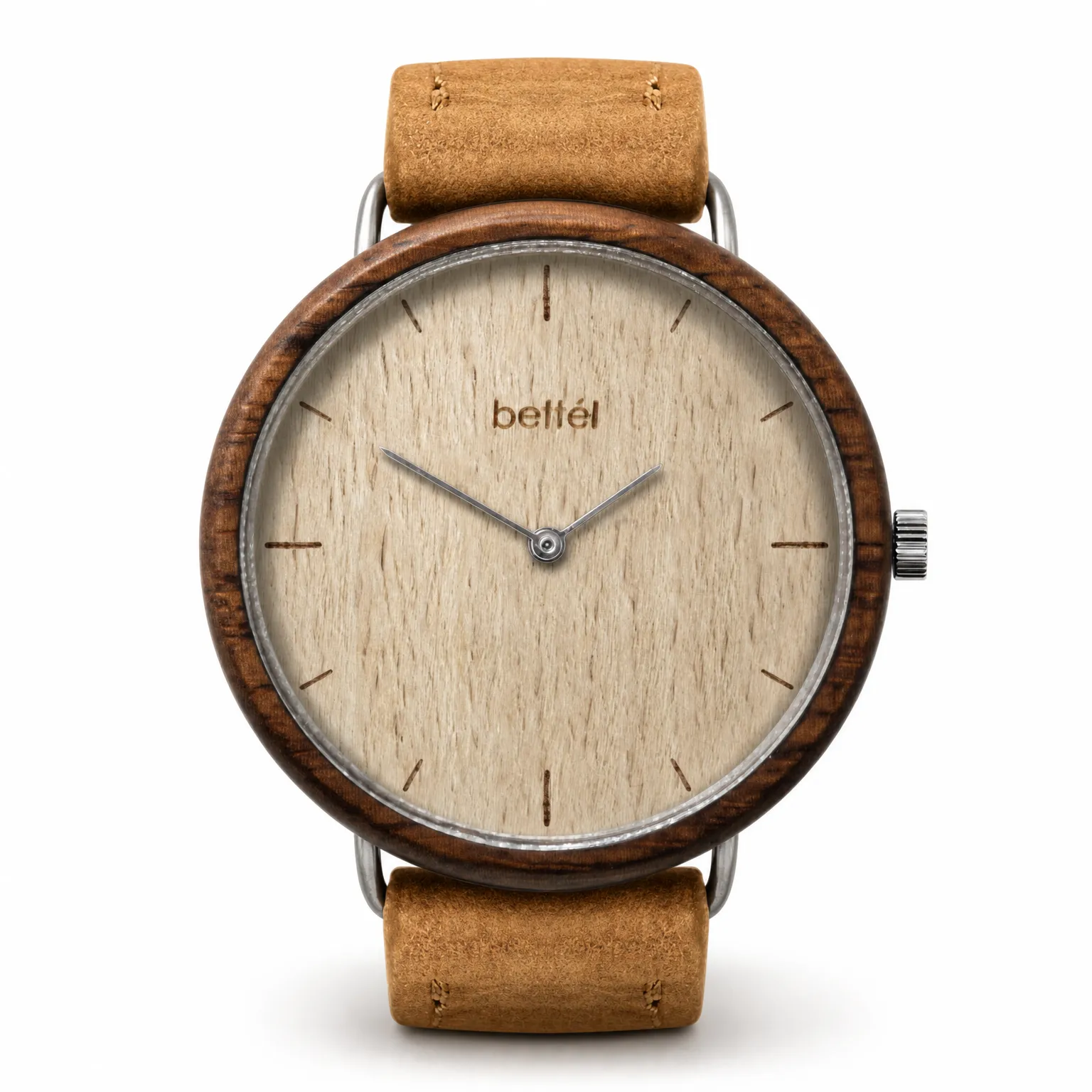 Favourite Beech, silver metal, tan strap — handmade wooden watch by Bettél