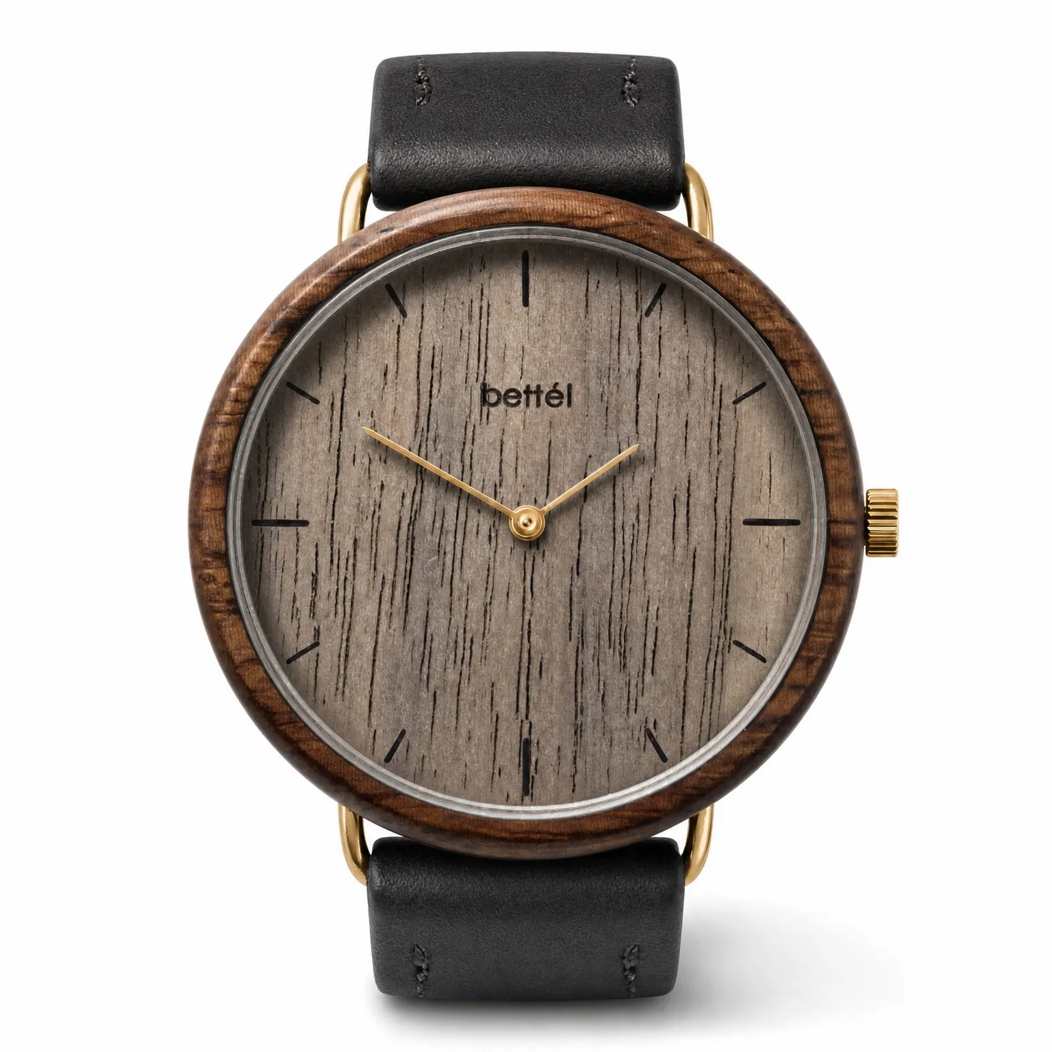 Favourite Walnut, gold metal, black strap — handmade wooden watch by Bettél