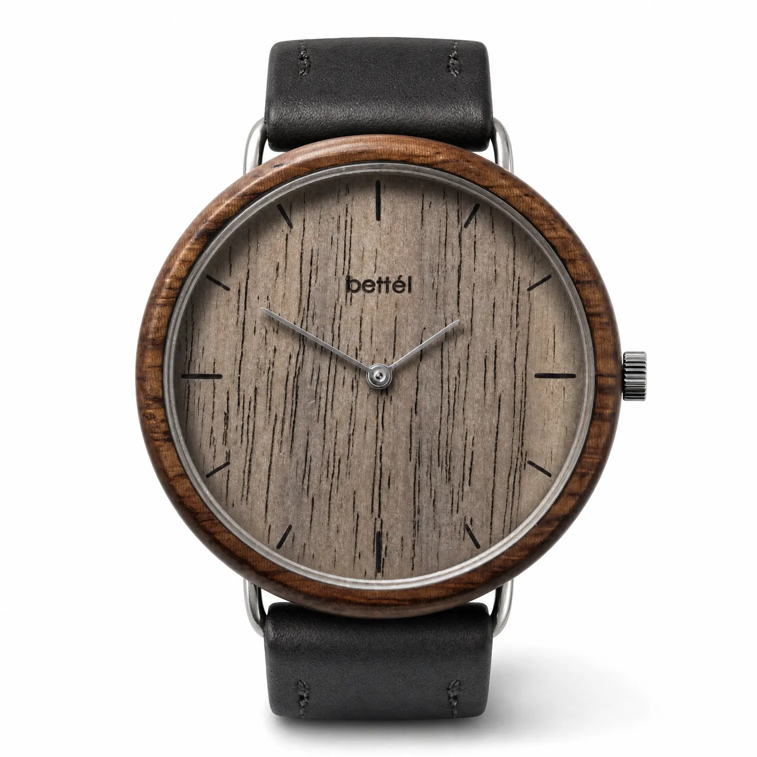 Favourite Walnut, silver metal, black strap — handmade wooden watch by Bettél