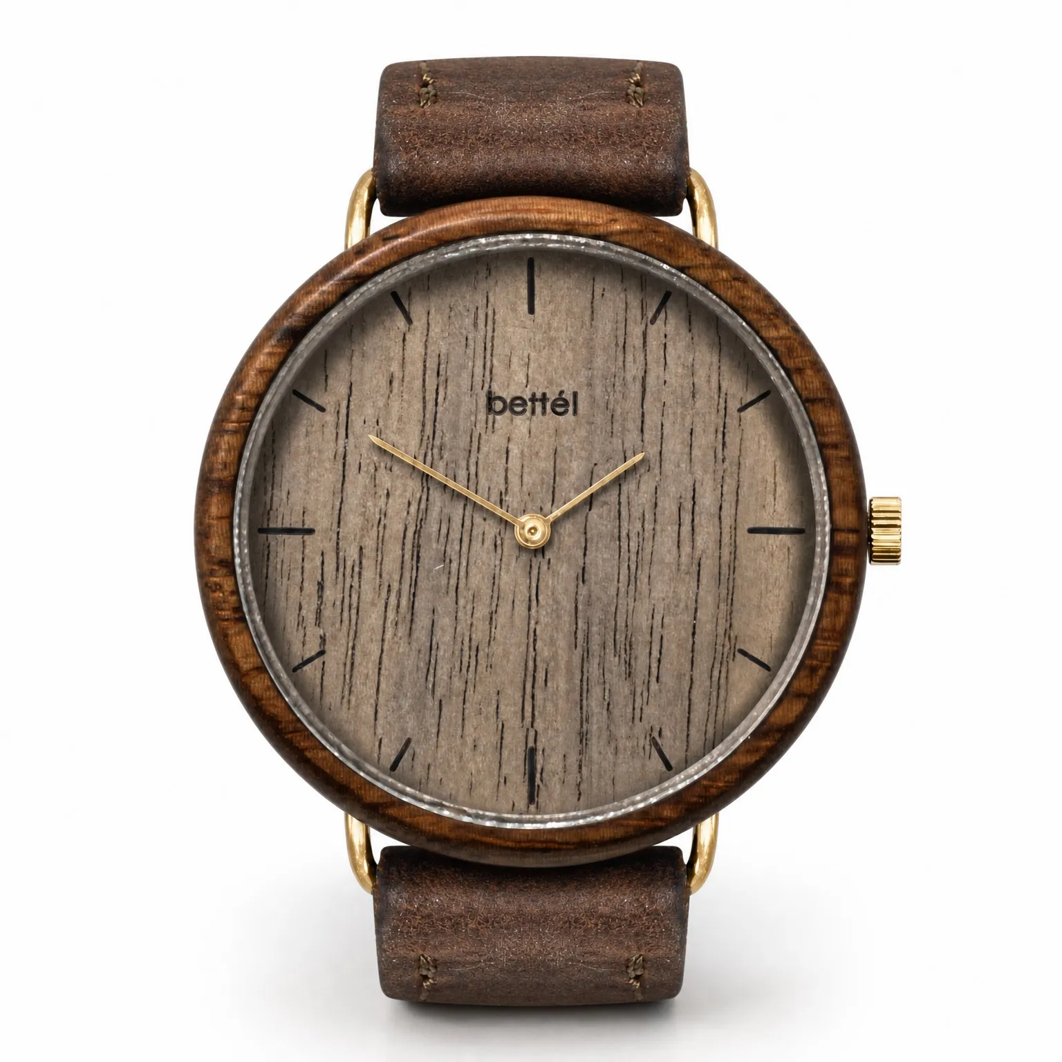 Favourite Walnut, gold metal, brown strap — handmade wooden watch by Bettél