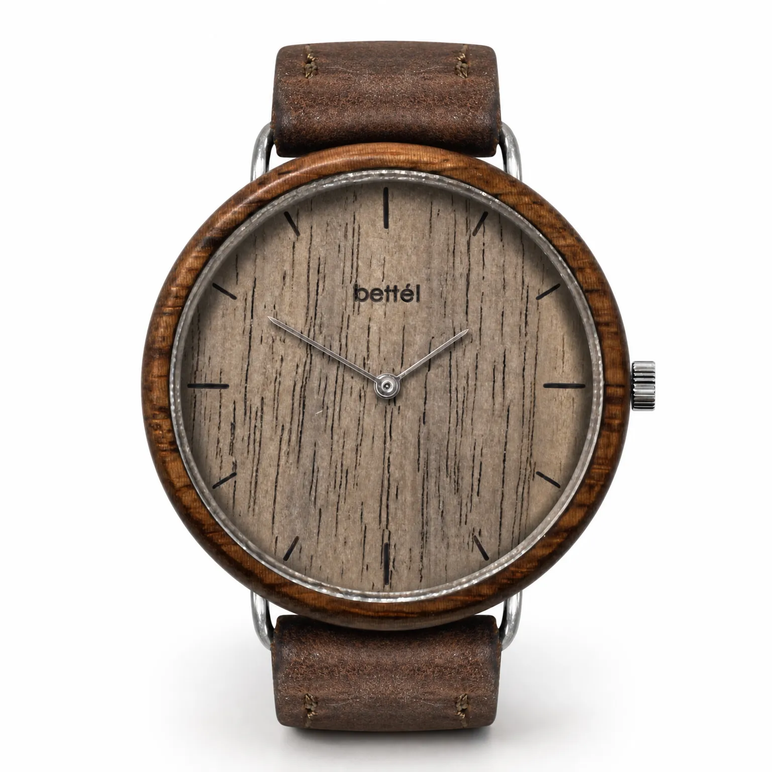 Favourite Walnut, silver metal, brown strap — handmade wooden watch by Bettél