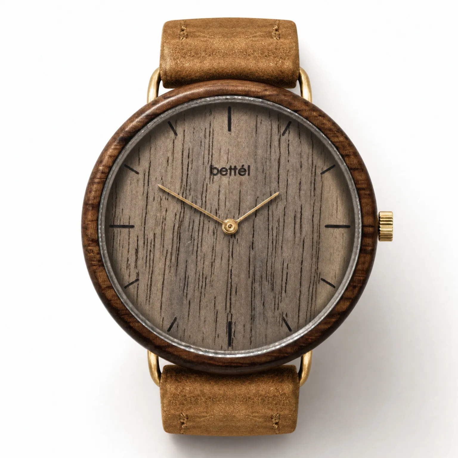 Favourite Walnut, gold metal, tan strap — handmade wooden watch by Bettél