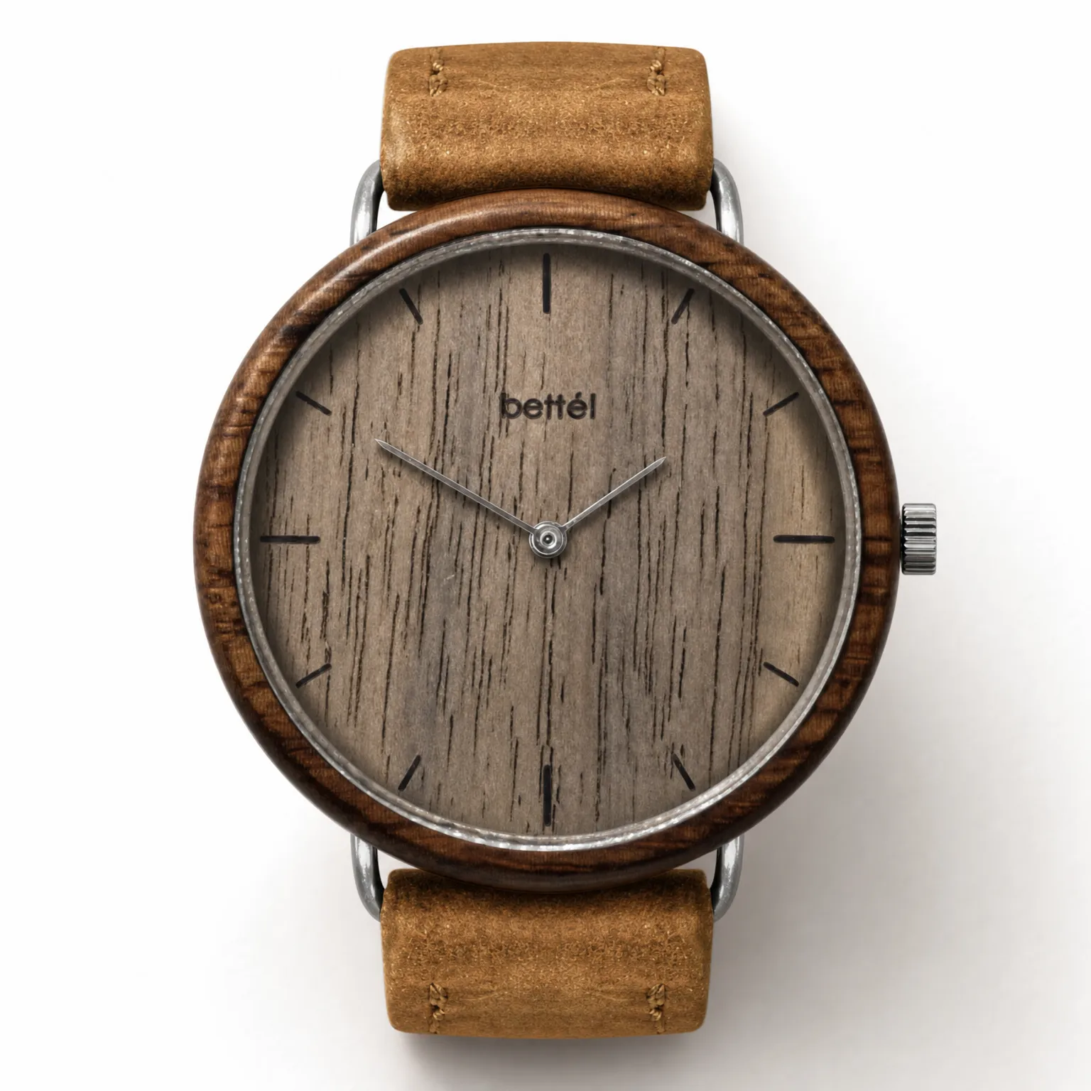 Favourite Walnut, silver metal, tan strap — handmade wooden watch by Bettél